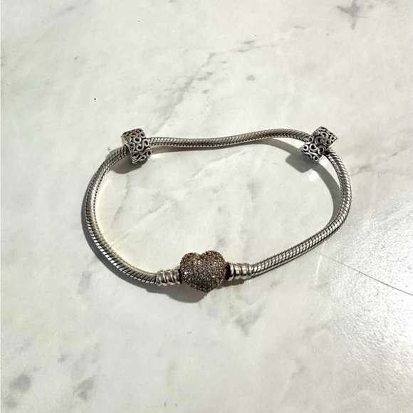 Pandora Silver Bracelet with Rose Gold Heart Pavé Charm WITH 2 CLIP CHARMS - Picture 4 of 4